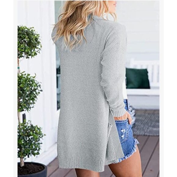 Merokeety Womens Large Long Sleeve Light Grey Knit Cardigan Sweater Pockets - Picture 2 of 14